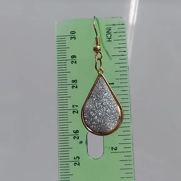 E739 Goldtone Teardrop with Silver Sparkle Glitter Accent Earrings - Picture 3 of 7